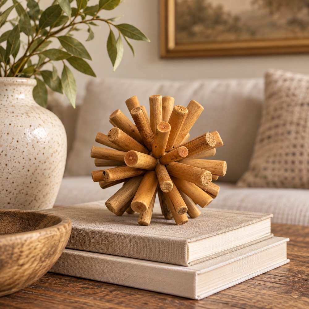 Rustic Wood Spike Ball Decor Natural Wooden Orb Sculpture Boho Organic Modern
